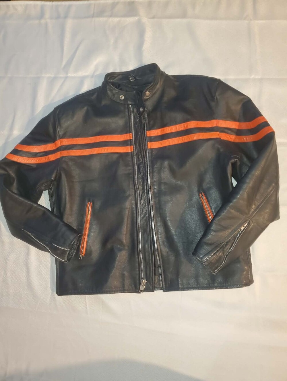 Men's Black Leather Jacket with Orange Racing Stripes